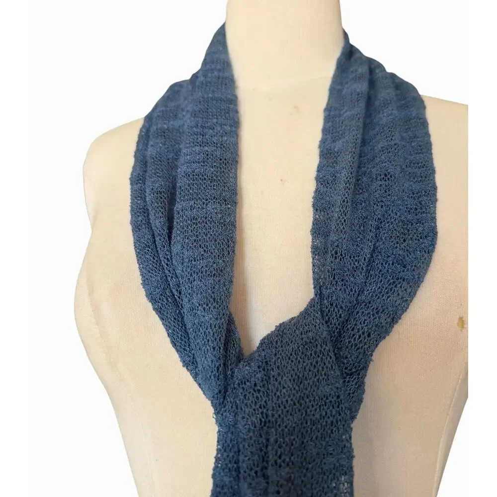Vintage Blue Handwoven Silk Scarf Lightweight Open Weave Wrap Artisan Scarf